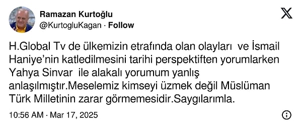 Ramazan Kurtoğlu tepkiler üzerine “yanlış anlaşıldım” açıklamasında bulundu.