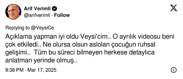 Arif Verimli meslektaşına destek verdi.