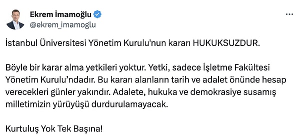 Ekrem İmamoğlu karar sonrası ilk açıklamasında "Hukuksuzdur." dedi.