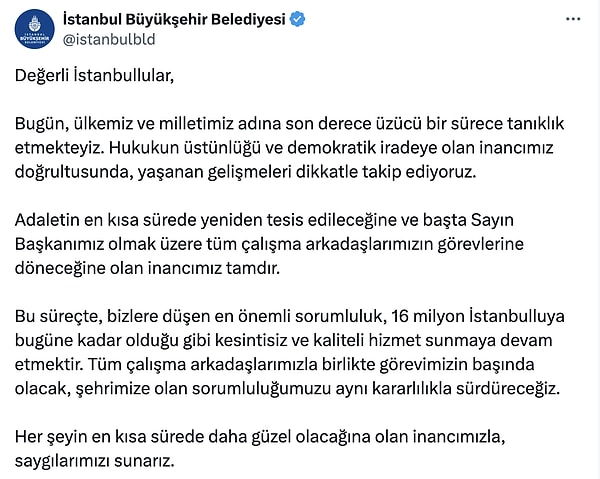 İstanbul Büyükşehir Belediyesi'nin resmi hesabından konuya ilişkin ilk açıklama geldi.