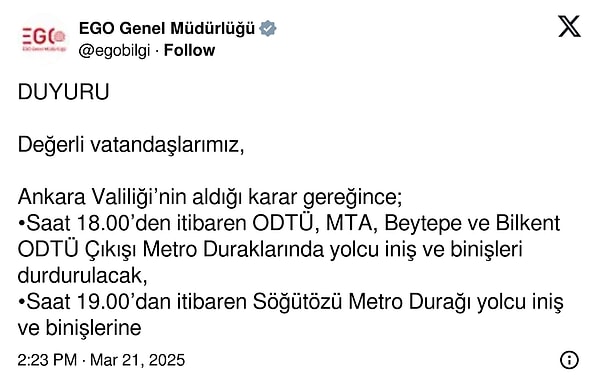 EGO Genel Müdürlüğü'nün resmi X hesabından yapılan paylaşım şöyle: