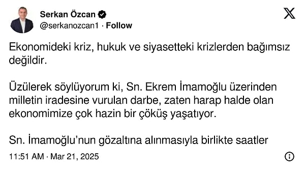 "Ekrem İmamoğlu üzerinden milletin iradesine vurulan darbe, zaten harap halde olan ekonomimize çok hazin bir çöküş yaşatıyor."