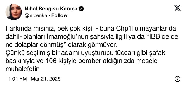 Karaca'nın gözaltına dair eleştirileri şöyle: "Mesele adalet değilse, cezalandırılan şey suç değildir." 👇