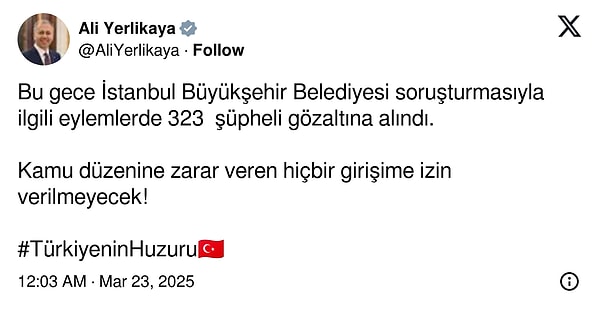 Ali Yerlikaya'nın sosyal medya hesabından yaptığı açıklama 👇