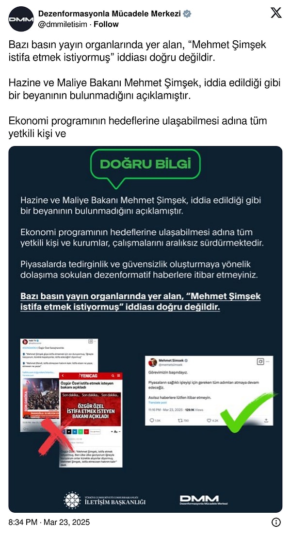 Dezenformasyonla Mücadele Merkezi (DMM) söz konusu iddiaları yalanladı.