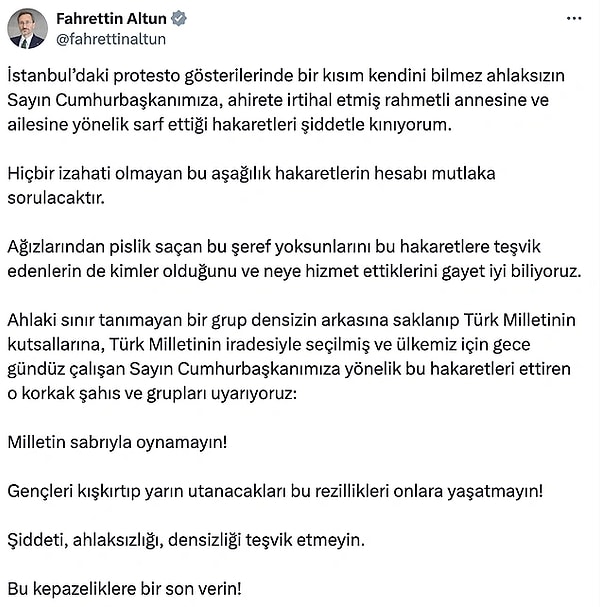 İletişim Başkanı Fahrettin Altun, konuya ilişkin açıklamada bulundu: