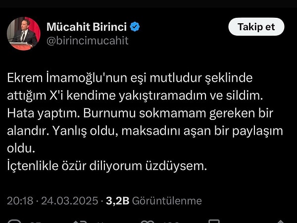 AKP'li Mücahit Birinci de Dilek İmamoğlu ile ilgili paylaşımına gelen yoğun tepkiler sonrası tweet'ini silip özür diledi: “Maksadını aşan bir paylaşım oldu.”