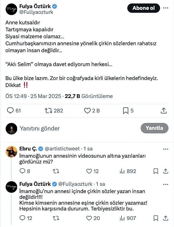 Bir takipçisinden "İmamoğlu'nun annesinin videosunun altına yazılanları gördünüz mü?" mesajını görünce cevap verdi.