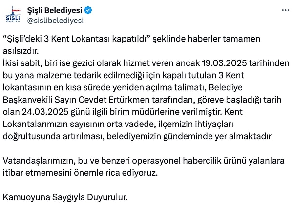 Konu hakkında Şişli Belediyesi'nden de bir açıklama yayımlandı: