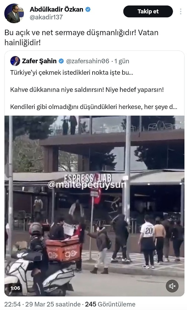DBL Organizasyonun sahibi Abdülkadir Özkan, dün Espressolab'ı protesto edenler için "vatan haini" ifadesini kullanmıştı. Görseli