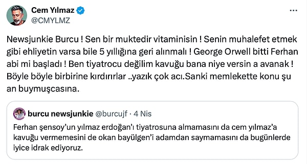 Geçtiğimiz gece saatlerinde bir X kullanıcısının Ferhan Şensoy'un Yılmaz Erdoğan, Cem Yılmaz, Okan Bayülgen gibi isimlere neden arka çıkmadığını anladığını belirttiği o tweet X gündemine oturdu.