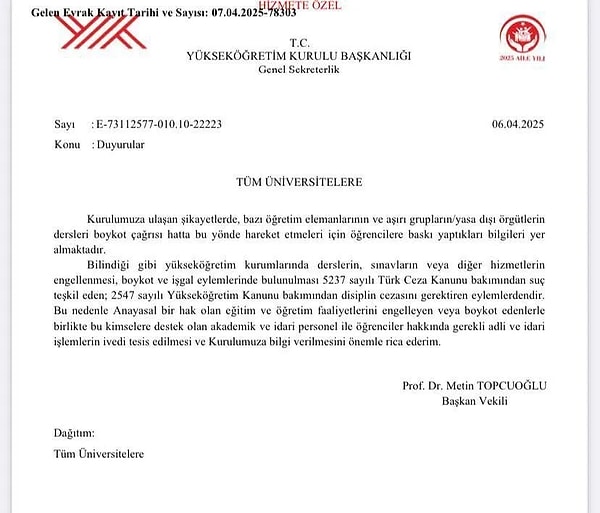 YÖK’ün gönderdiği iddia edilen talimat 👇