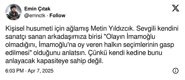 Metin Yıldız'ın "Ne alaka?" dedirten tuhaf tripli çıkışını gören sosyal medya kullanıcıları da iki çift laf etmeden geçmedi tabii. Buyurun, kimler ne demiş beraber görelim. 👇