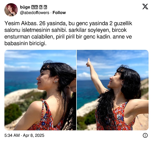 “abedofflowers” isimli X kullanıcısı, 2023 yılında hayatını kaybeden Yeşim Akbaş cinayetini paylaştı. Görseli