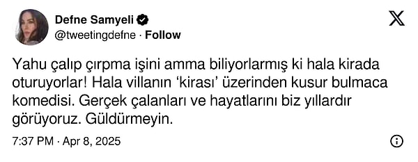 Bunun üzerine İBB'ye düzenlenen yolsuzluk soruşturması kapsamındaki iddiaların ardından Defne Samyeli'den paylaşım geldi.