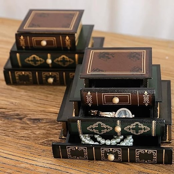 1. Mücevher kutusu ve dekoratif kutu olarak kullanabileceğiniz retro kitap tasarımına sahip saklama kutuları.