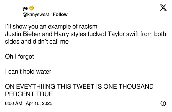 "Size ırkçılığın örneğini göstereyim: Justin Bieber ve Harry Styles, Taylor Swift’le birlikte oldular ama beni aramadılar. Doğru ya, ben dilimi tutamıyorum"