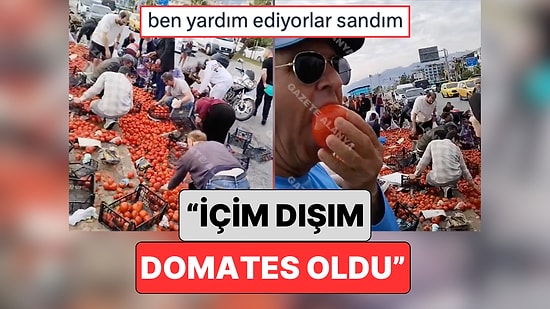 Alanya'da Devrilen Tırdan Dökülen Domateslerin Önünde Domates Yiyerek Video Çeken Adam Sinir Bozdu