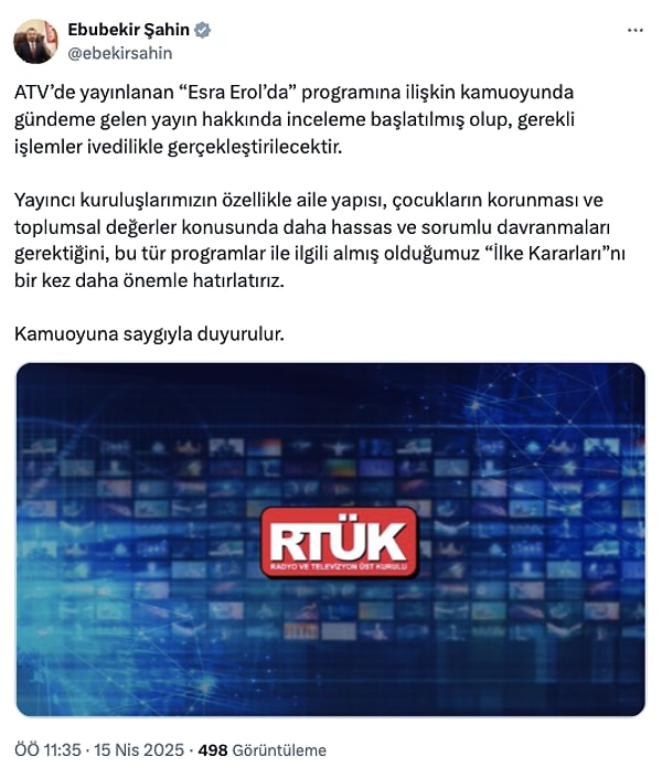 Tüm bu yaşananlar sonrası RTÜK devreye girdi. RTÜK Başkanı Ebubekir Şahin söz konusu programla ilgili inceleme başlatıldığını açıkladı.