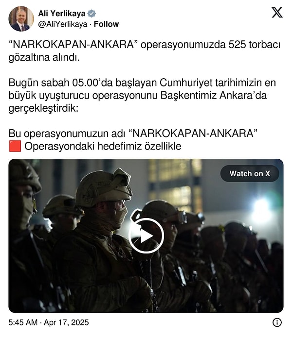 İçişleri Bakanı Ali Yerlikaya'nın paylaşımı:
