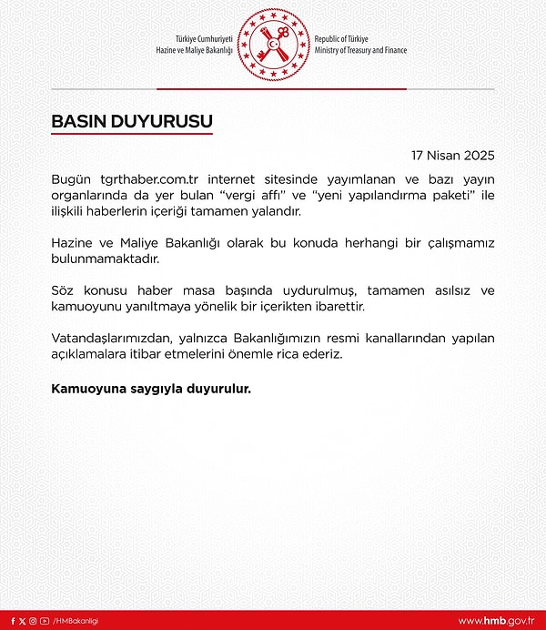 Hazine ve Maliye Bakanlığı'ndan konuyla ilgili yalanlama geldi 👇