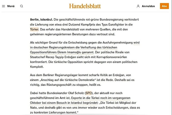 Alman medyası, hükümetlerinin Türkiye’ye yapılması planlanan Eurofighter Typhoon savaş uçağı satışını onaylamadığını belirtti.