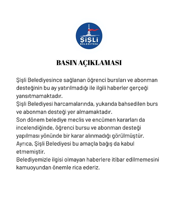 Kayyum atanan Şişli Belediyesi konuyla ilgili bir açıklama yayınladı.