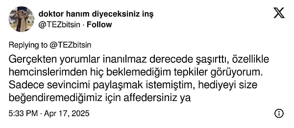 Paylaşımı yapan kişi ise gelen yorumlara isyan etti.