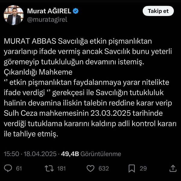 Gazeteci Murat Ağırel'den bir paylaşım daha geldi.