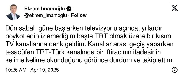 Ekrem İmamoğlu, cezaevinde karşılaştığı bir durumu anlatarak TRT'nin boykot edilmesi için çağrı yaptı: