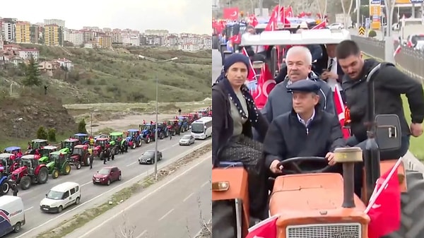 Çiftçiler traktörleriyle kilometrelerce kuyruk oluşturdu. CHP lideri Özgür Özel, miting alanına traktörle geldi. Görseli