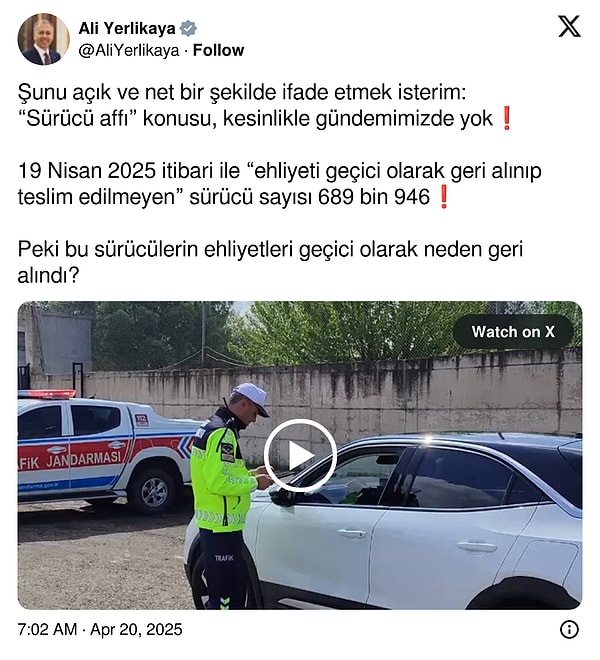 Bakan Ali Yerlikaya’nın ehliyet affı ile ilgili paylaşımı 👇