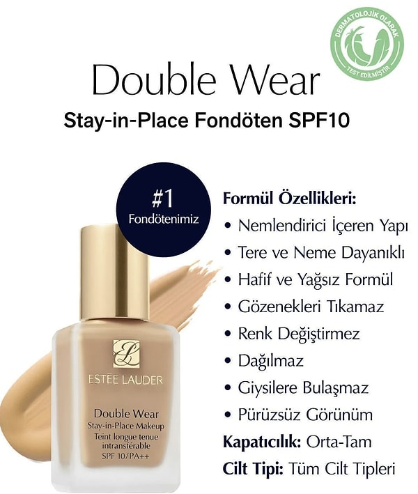 12. Estee Lauder Doğal ve Mat Bitişli - Double Wear Stay-in-Place Fondöten SPF 10 ( 2N1 Desert Beige ) - 30 ml