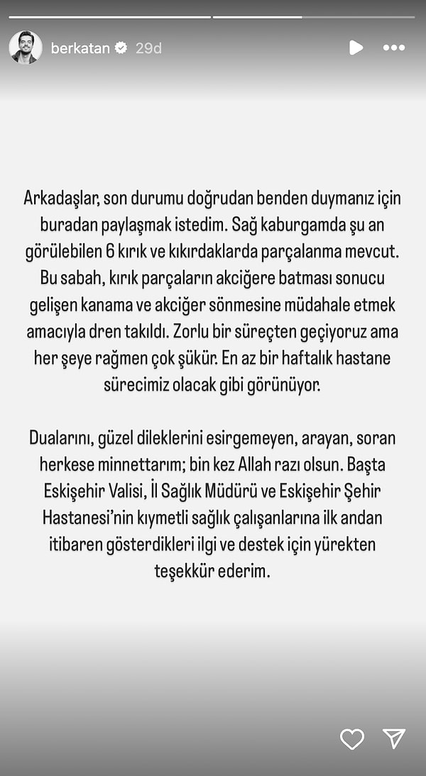 Sağ kaburgasında 6 kırık ve kıkırdaklarda parçalanma olduğunu söyleyen ünlü oyuncu son sağlık durumunu iöyle anlattı: