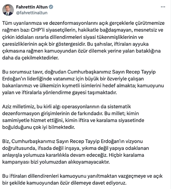 Fahrettin Altun'un açıklamalarının tamamı şu şekilde: