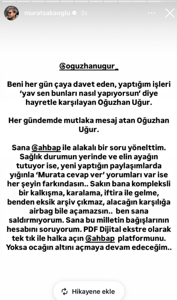 Sosyal medya fenomeni Murat Sakaoğlu, göndermeli bir paylaşımda bulunarak deprem dönemi bağışlarını Oğuzhan Uğur'a sordu.