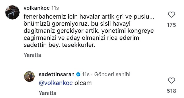 Instagram'dan gelen bir yoruma Saran, aday olacağını açıkladı.
