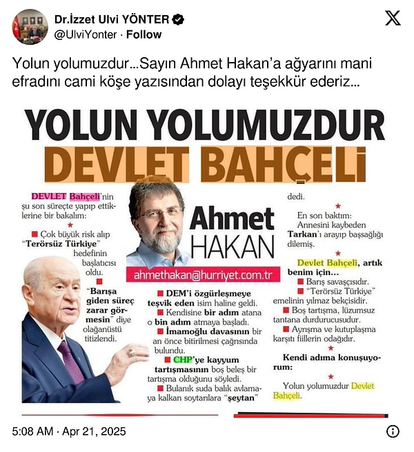 MHP Genel Başkan Yardımcısının teşekkürü böyle oldu.