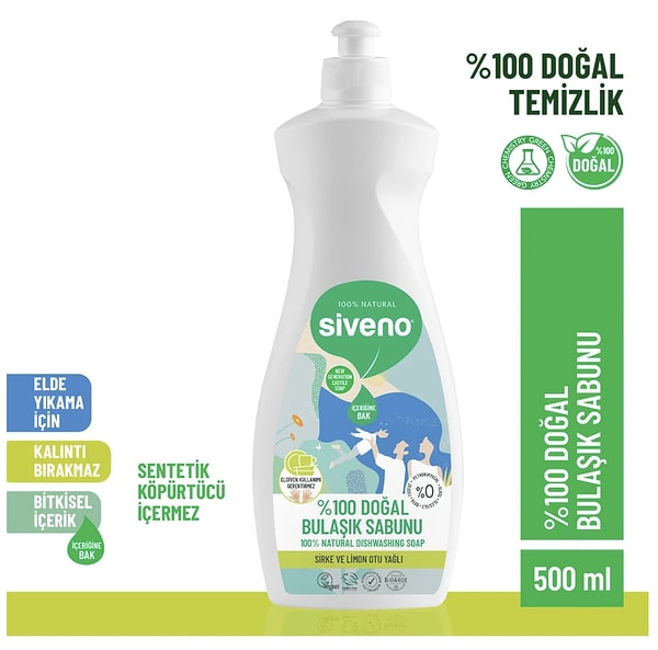 Siveno %100 Doğal Bulaşık Sabunu Bitkisel Elde Bulaşık Sabunu Nemlendirici Vegan 500 ml