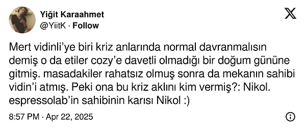 İddialara göre, Vidinli bu tavsiyeyi dikkate alarak Etiler'de gerçekleşen, davetli olmadığı bir doğum günü partisine katıldı!