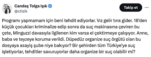 Işık geçtiğimiz günlerde de kendisinin tehdit edildiğini söyledi. Görseli