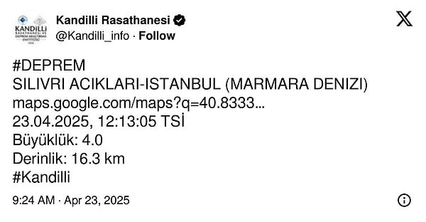 Kandilli Rasathanesi'nin paylaşımı;