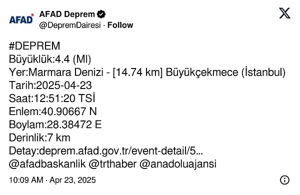 AFAD'ın 4.4 büyüklüğündeki artçı deprem açıklaması
