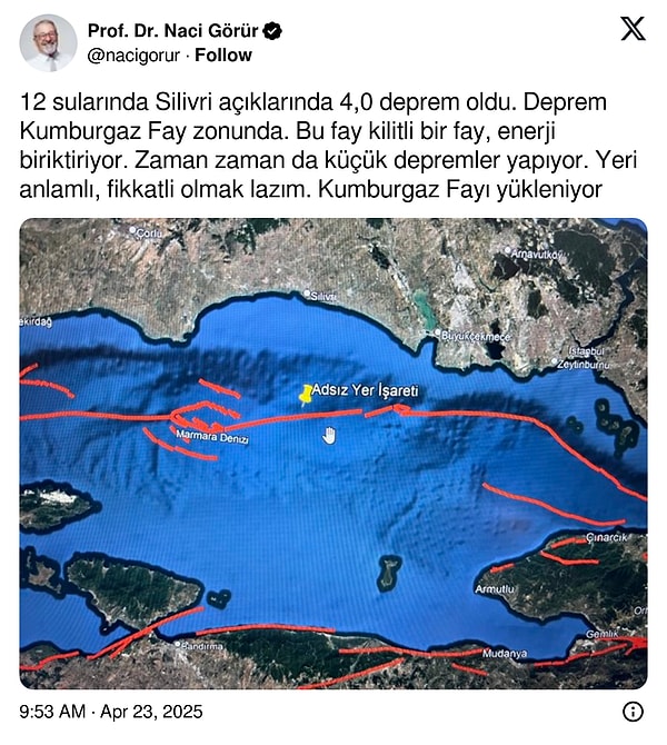 İlk depremin ardından Naci Görür'den açıklama geldi. Görür, "Yeri anlamlı, dikkatli olmak lazım" dedi.