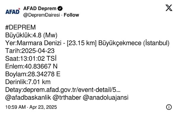 AFAD'ın 4.8 büyüklüğündeki artçı deprem açıklaması