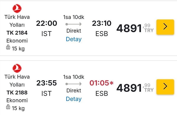 İstanbul-Ankara arası 4 bin 900 lira oldu.