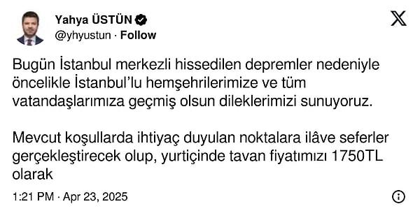 THY Basın Müşaviri Yahya Üstün, uçak bileti fiyatlarında tavan fiyat olarak bin 750 lirayı belirlediklerini açıkladı.