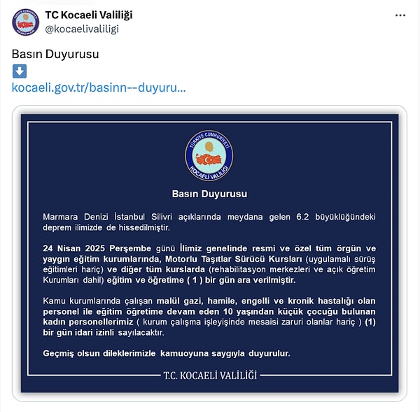 Hemen akabinde aynı açıklama Kocaeli Valiliğinden de geldi.