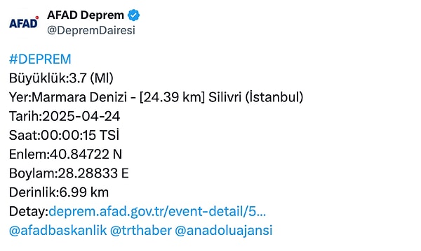 24 Nisan tarihinin ilk depremi saat 00:00’da meydana geldi.
