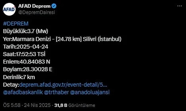 Deprem Silivri açıklarında yerin 7 km altında saat 17.52'de meydana geldi. İşte AFAD'ın açıklaması: